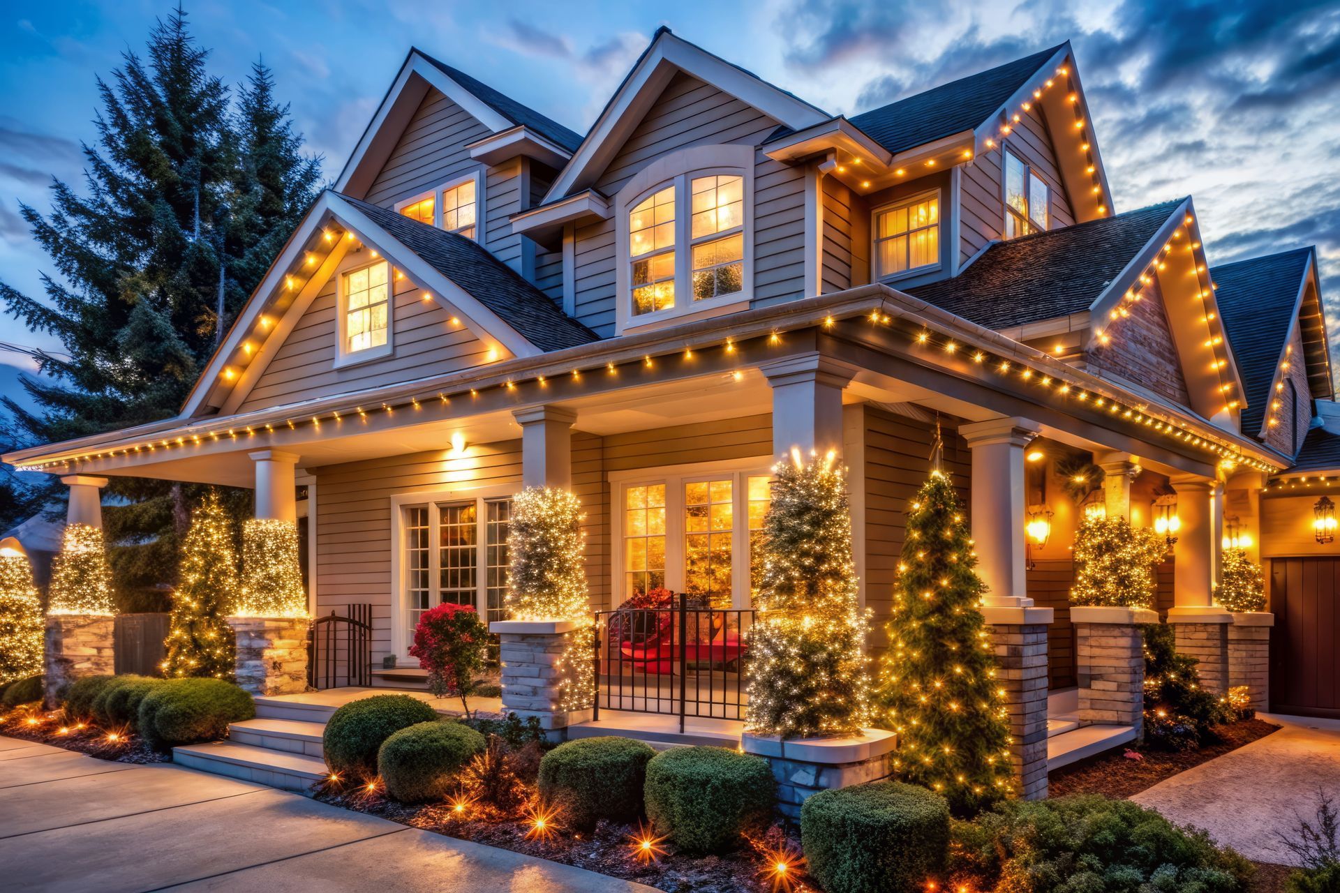 Festive house exterior lit with warm white Christmas lights and decorated trees at dusk