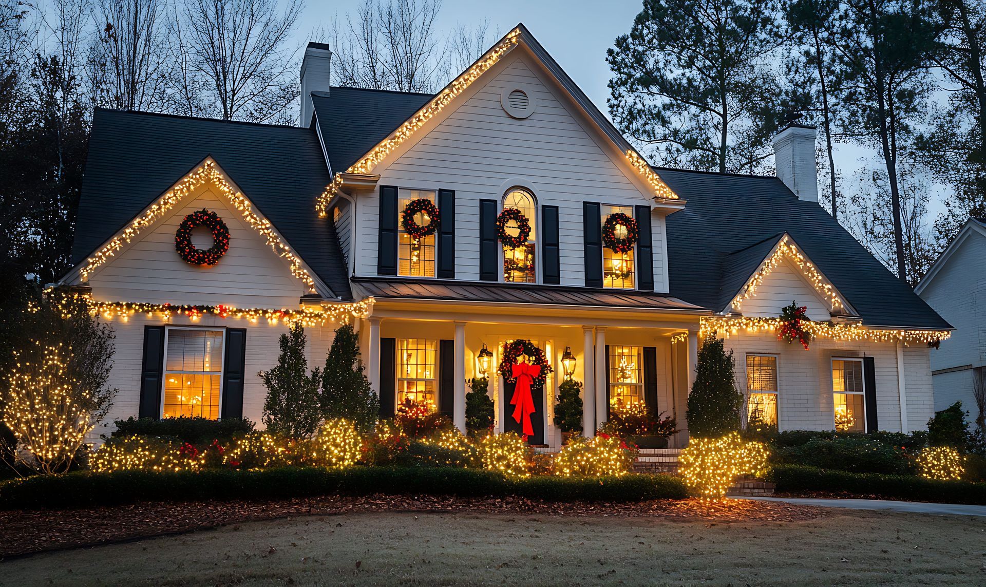 Festive house with warm Christmas lights, wreaths, and a decorated front porch at dusk
