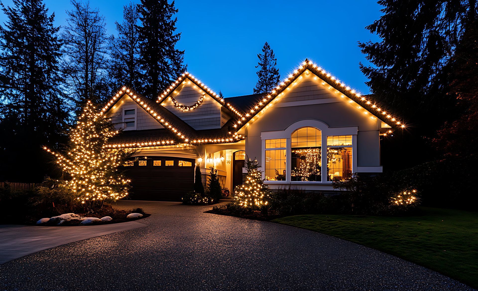 Suburban house at dusk with warm holiday lights and lit trees along the roofline and yard