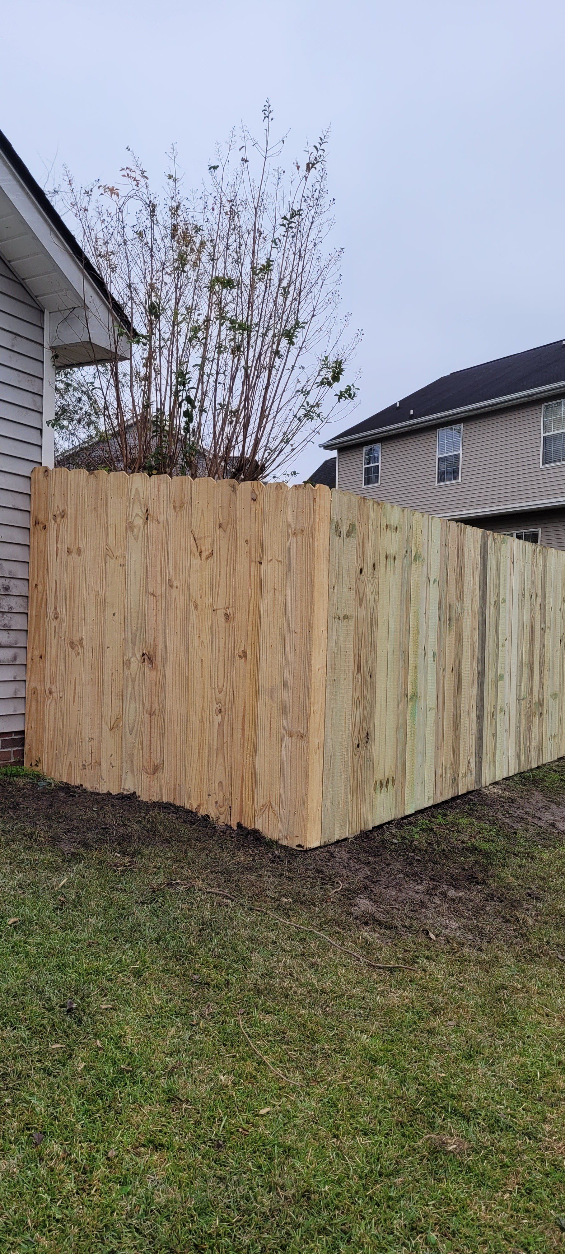 A wooden fence in a yard next to a light-colored house. The grass is green, and the sky is overcast.
