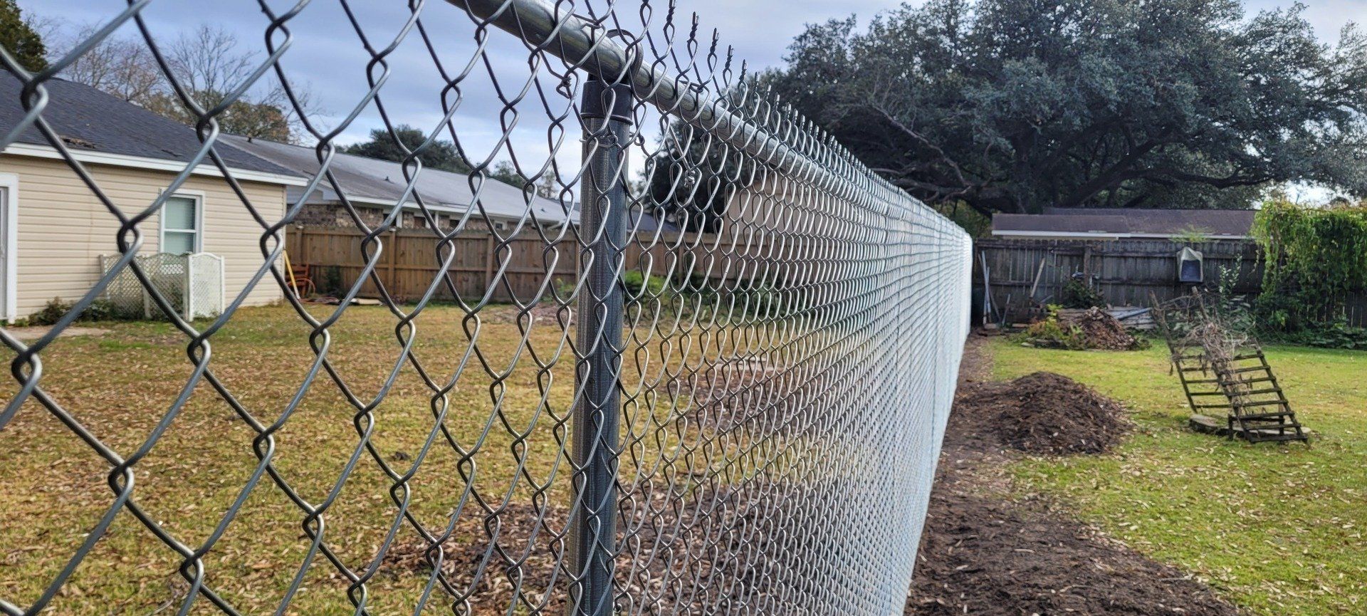 Chain-link fence in a backyard, partially obscuring the view of a house and yard with scattered leaves and a small ladder.