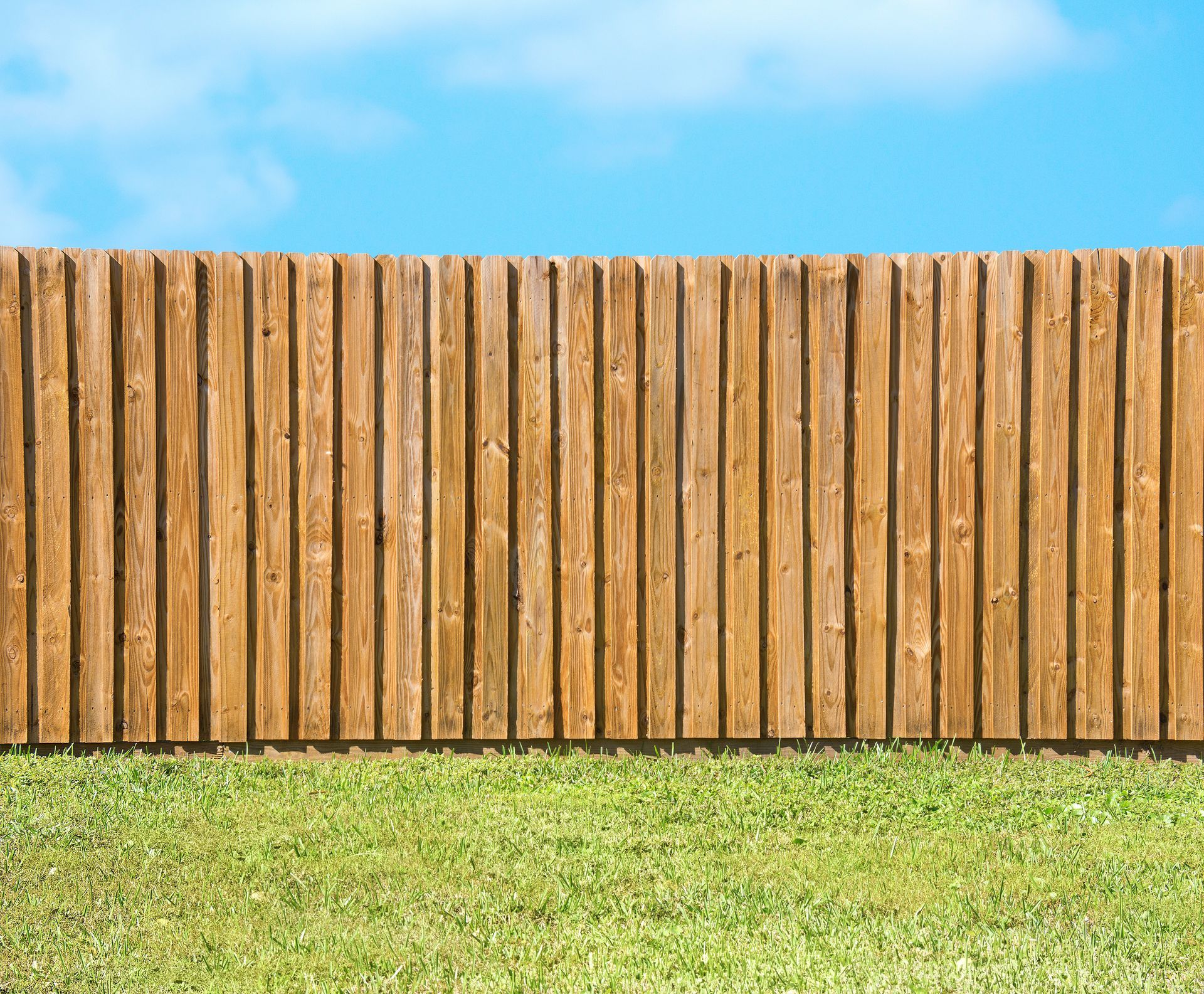 A tall wooden privacy fence stretching across a grassy yard under a clear blue sky