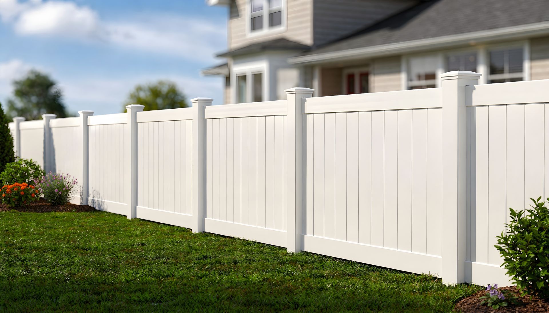 White vinyl fence along a grassy yard in front of a suburban house.
