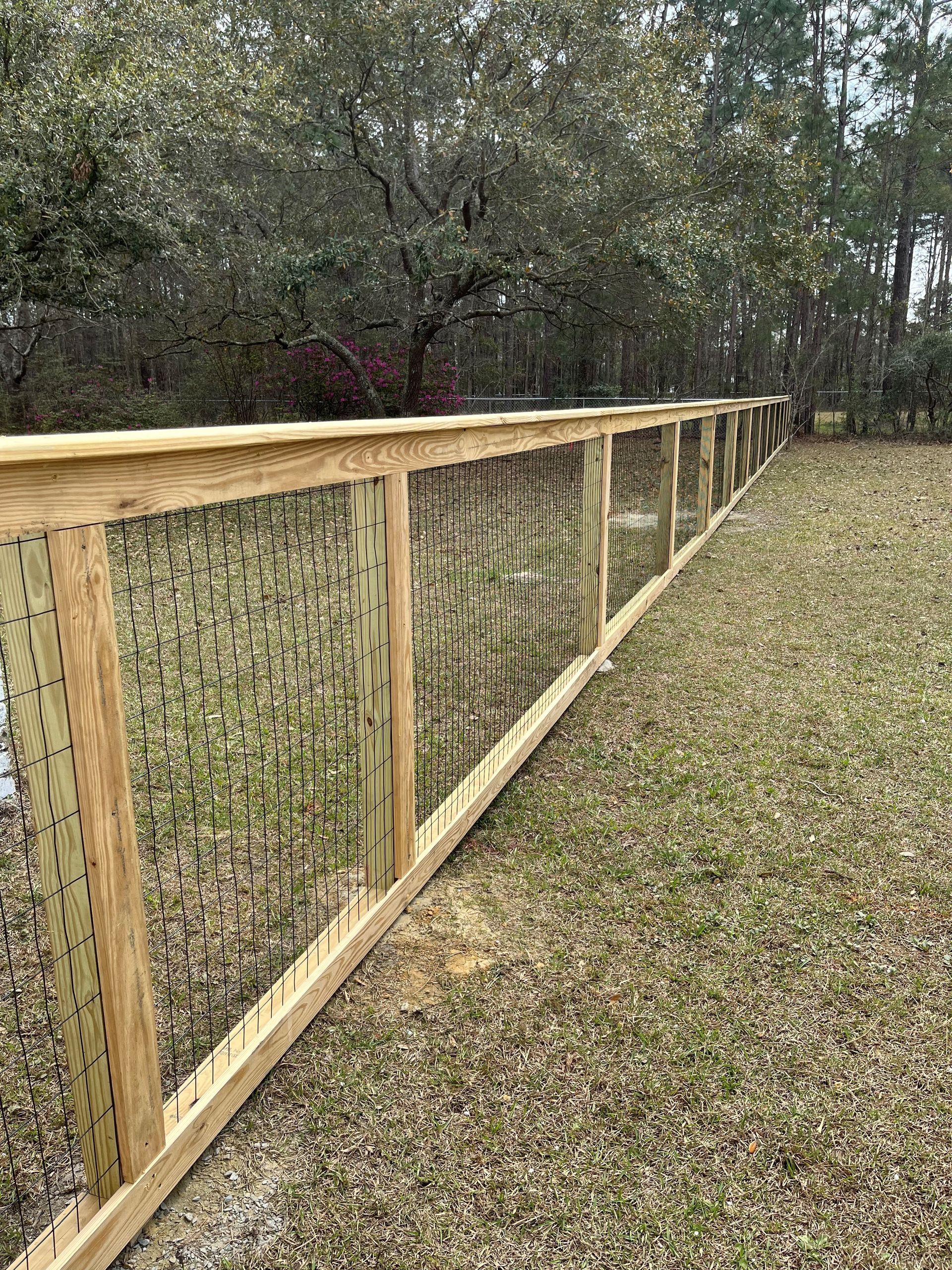 Wooden fence with wire mesh in a grassy yard, trees in the background.