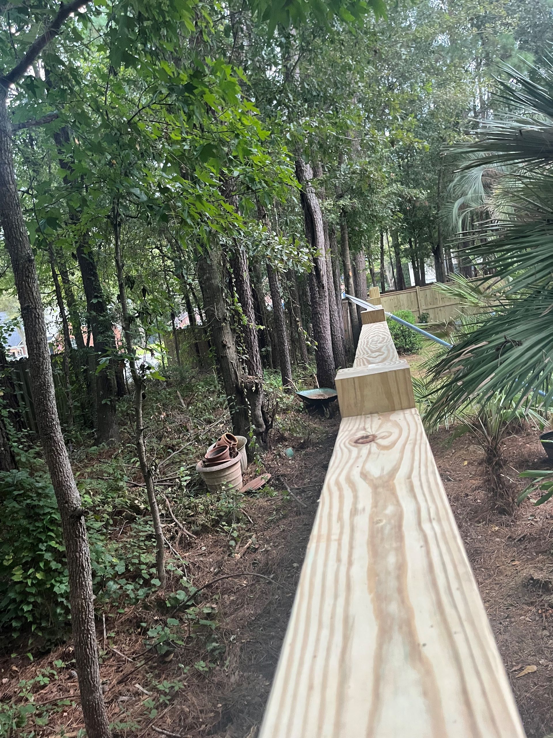 Wooden beam walkway through a wooded area; trees in background, bright sunlight.
