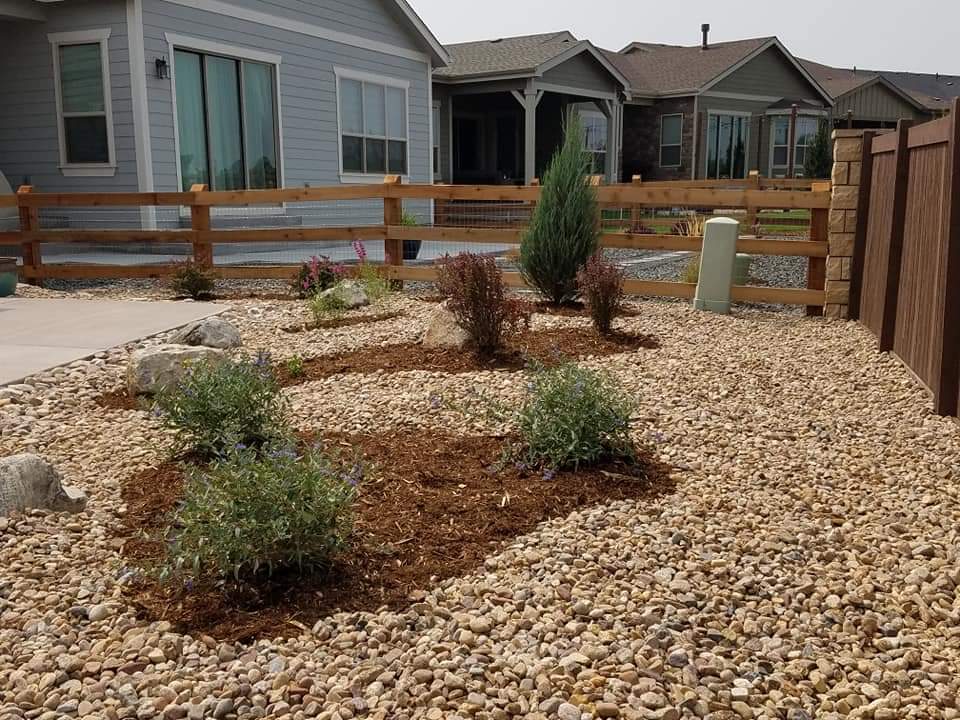 Landscaped front yard with gravel, mulch, and plants, surrounded by wooden fences and houses.
