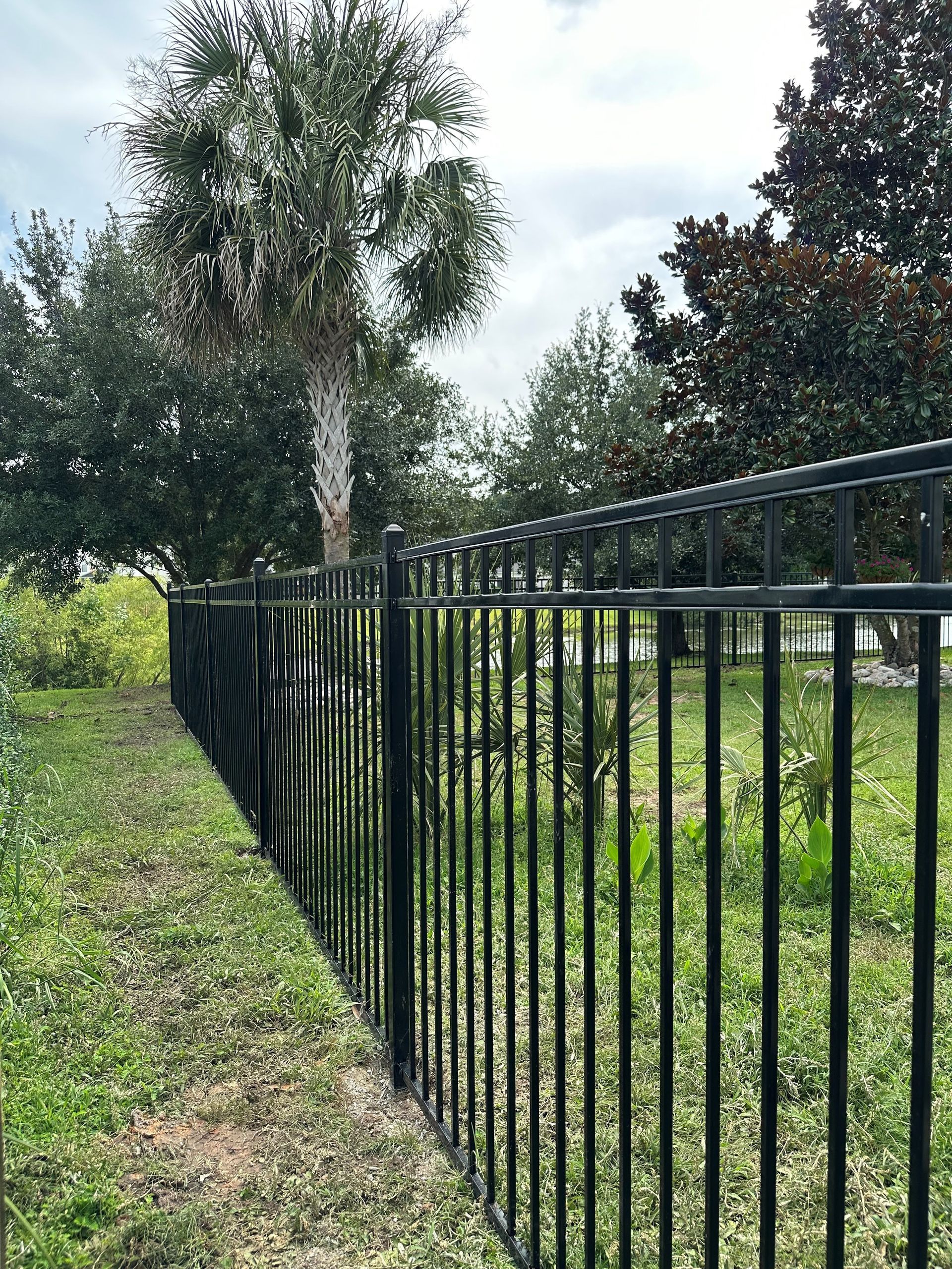 Black metal fence in grassy yard, with trees and cloudy sky in background.