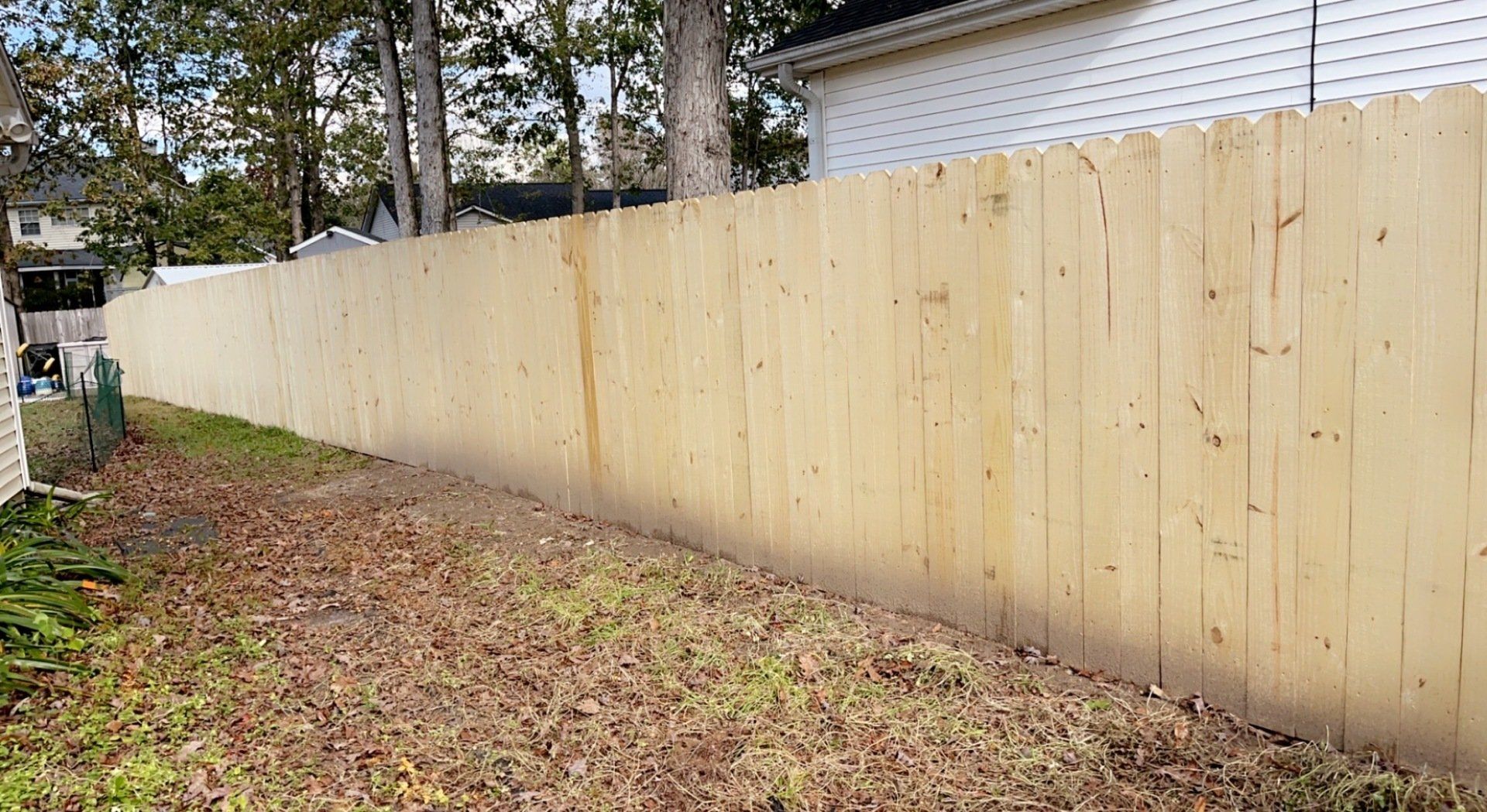 Wooden fence in a grassy yard, leaves on the ground. Trees and a house in the background.