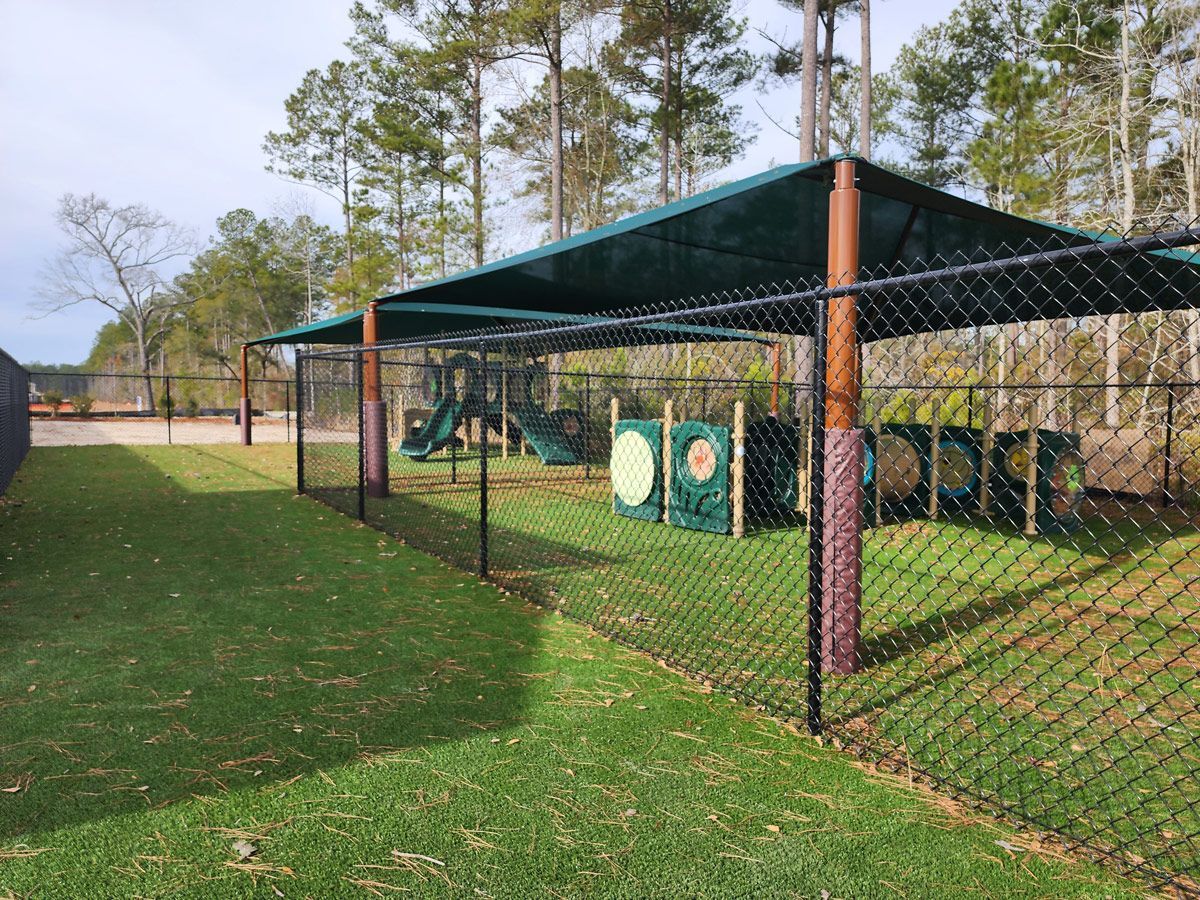 Dog park with green grass, shaded area with agility equipment, and chain-link fence.