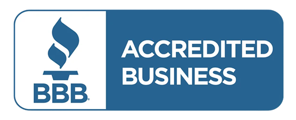 BBB Accredited Business blue and white logo with the BBB torch icon and text