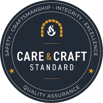 Circular navy badge logo reading “CARE & CRAFT STANDARD” with safety, integrity, excellence, and quality assurance text.