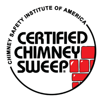Certified Chimney Sweep logo with black text and red brick graphic inside a circle