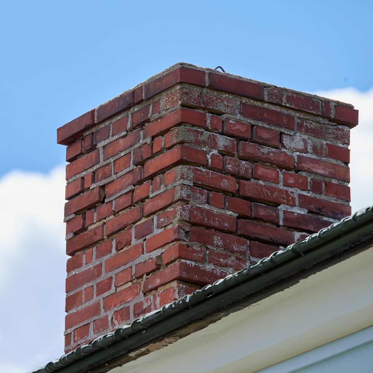 Red brick chimney on a house roof against a blue sky