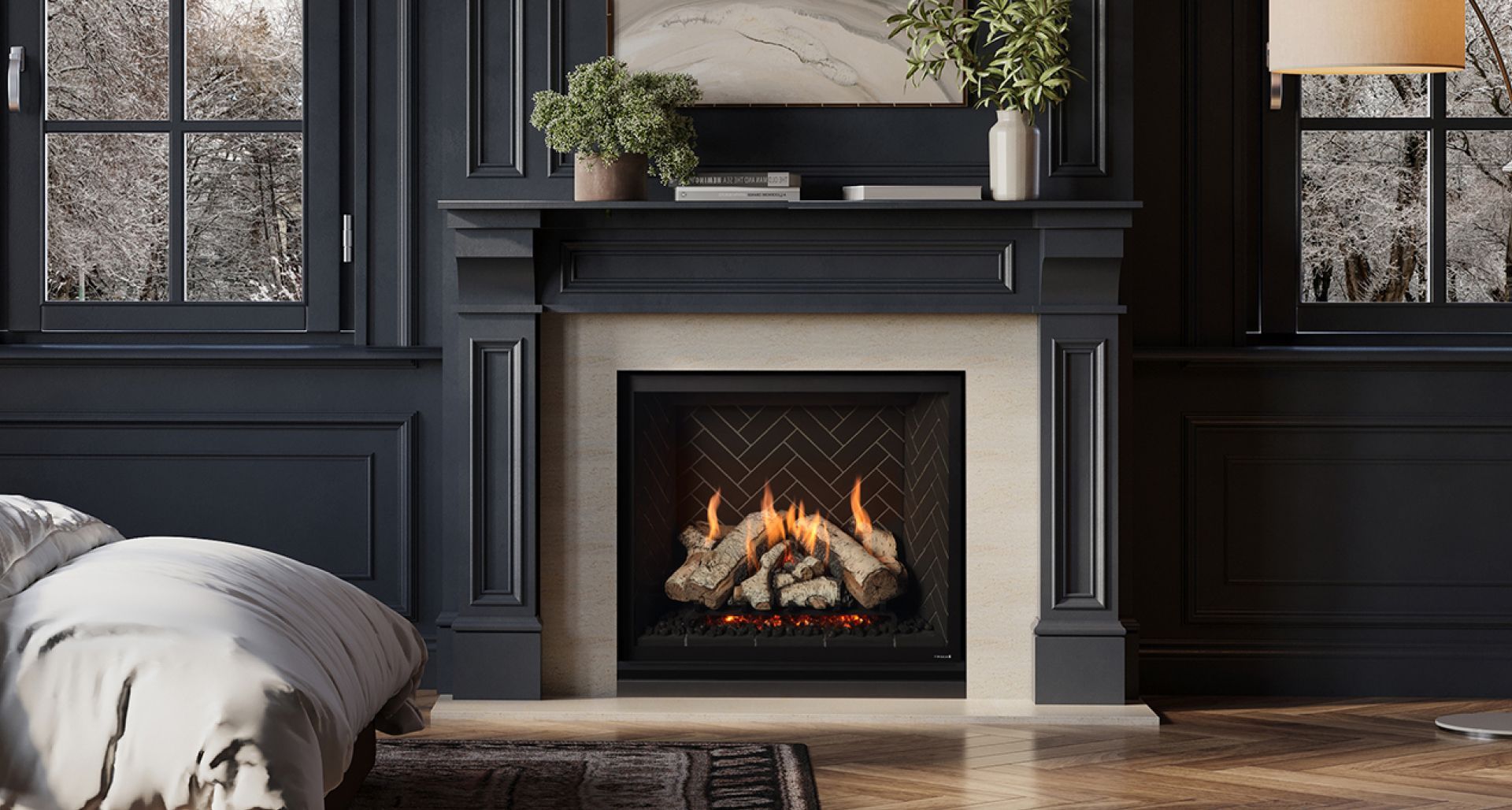 Modern dark living room with a lit fireplace, black trim, windows, and a gray sofa corner