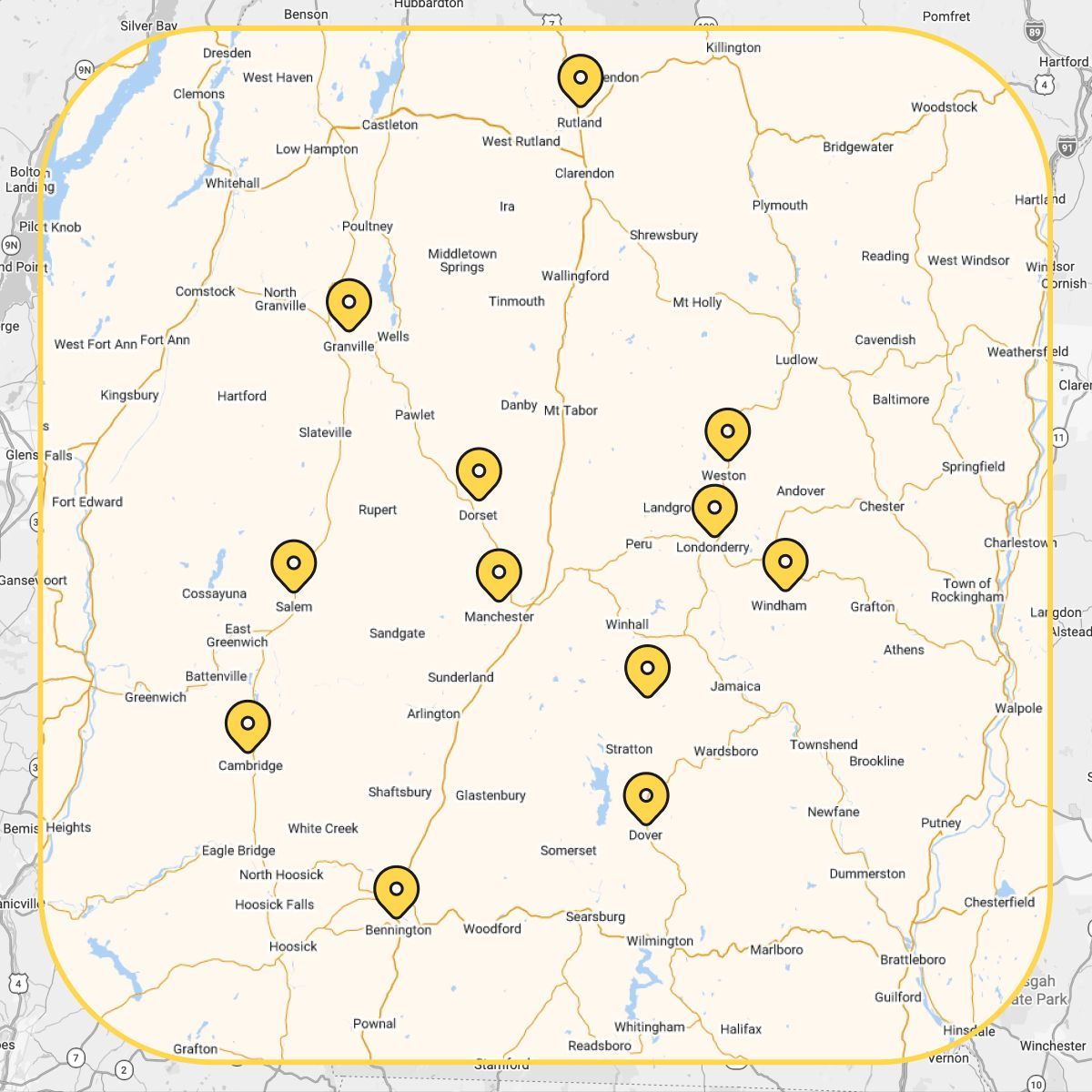 Map with multiple yellow location pins marking points across a green area.