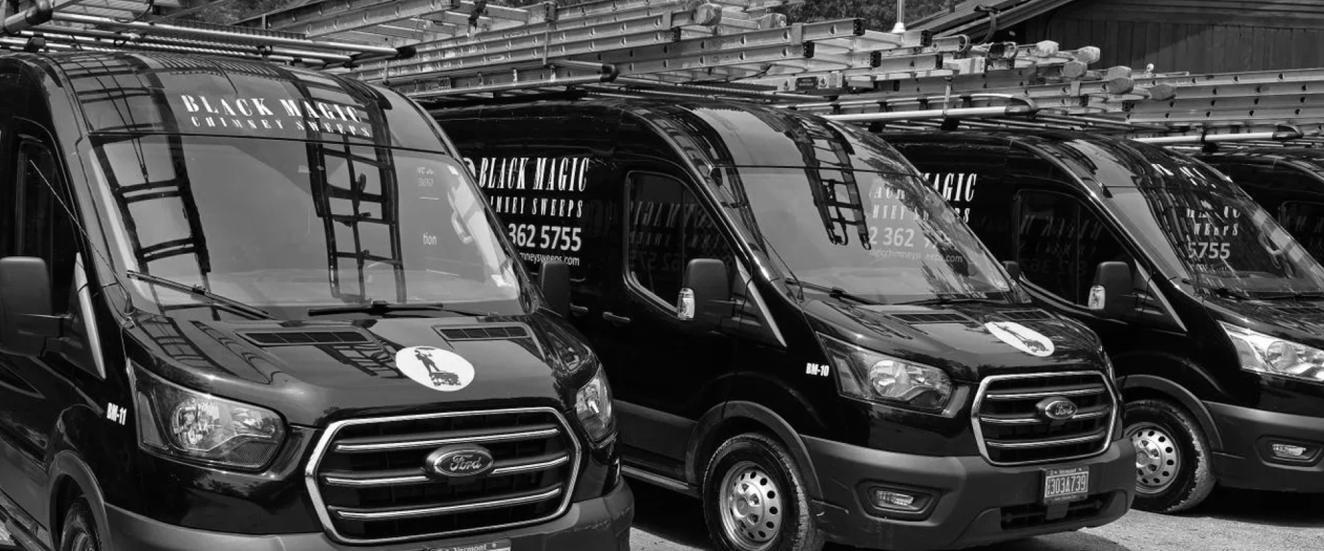 Black vans lined up in a showroom or dealership, viewed from the front.