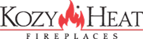 Kozy Heat Fireplaces logo with red flame icon and black serif text