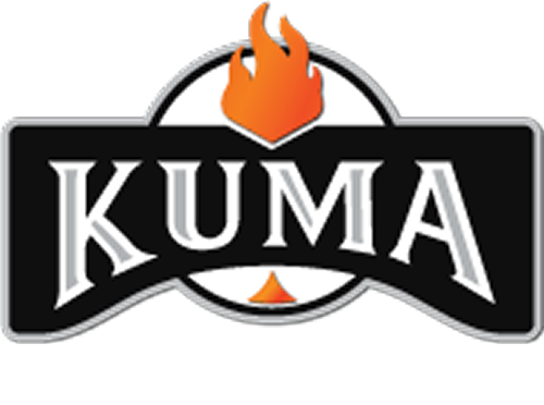 KUMA logo with black banner, white lettering, and orange flame above the center