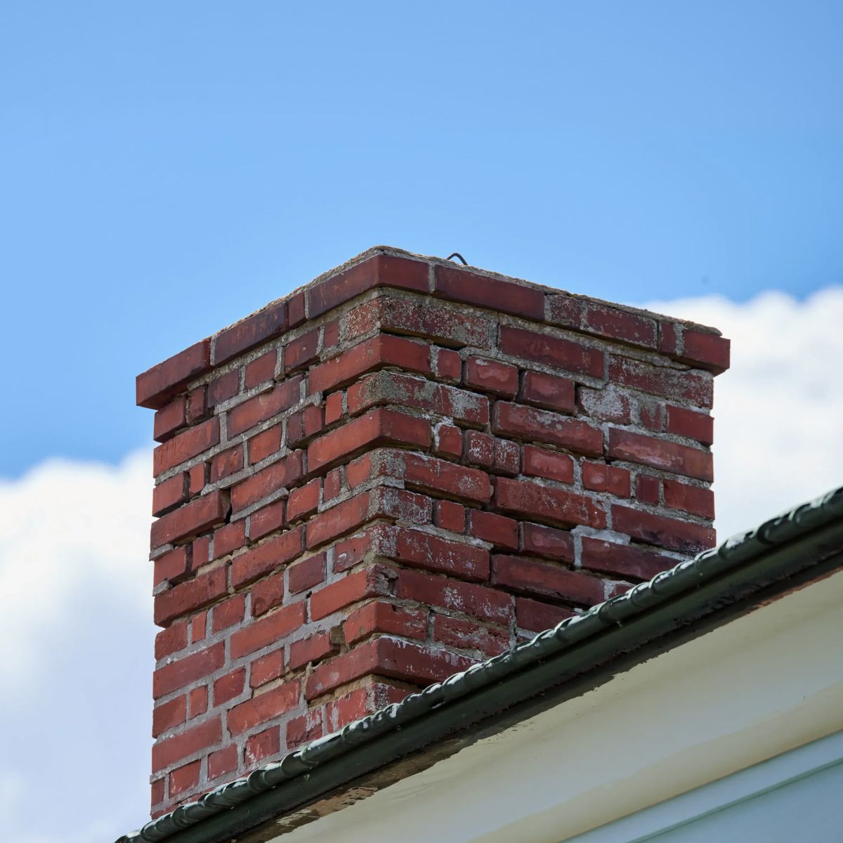 Red brick chimney on a white roof against a blue sky