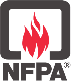 NFPA logo with a red flame inside a black rounded square