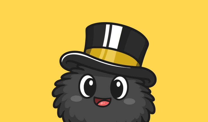 Cute black fluffy cartoon character wearing a black top hat with a gold band, smiling on a yellow background