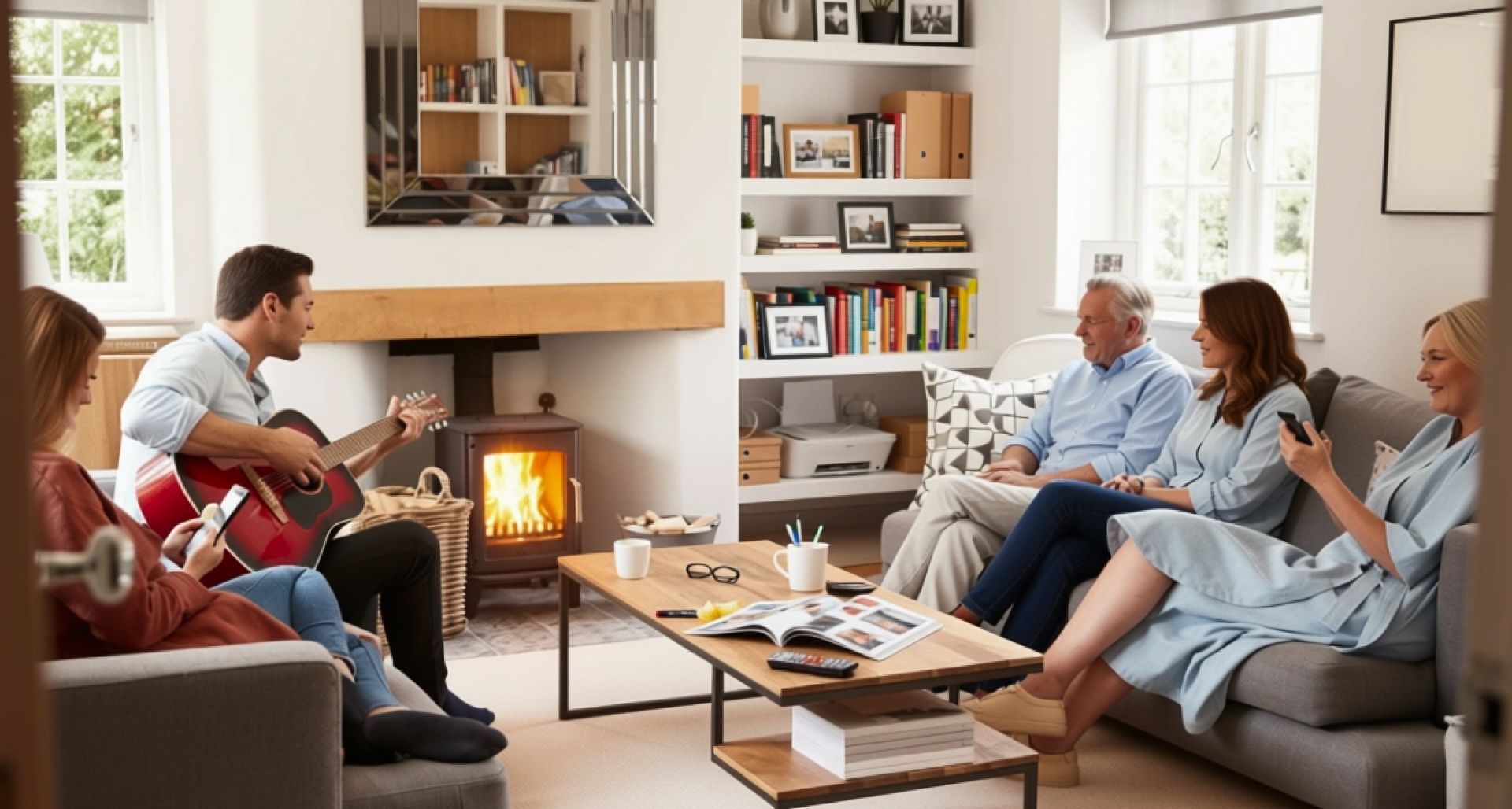 Group of adults chatting in a cozy living room around a fireplace and coffee table