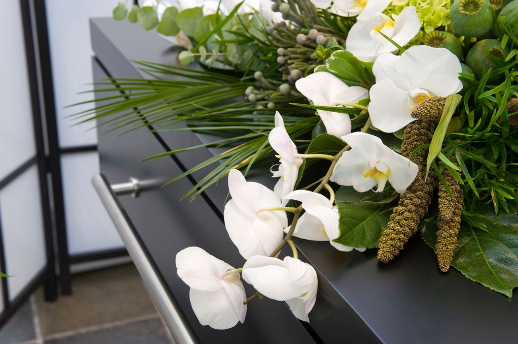 Orchidee bianche e fogliame verde disposti su una bara nera in un contesto funebre.