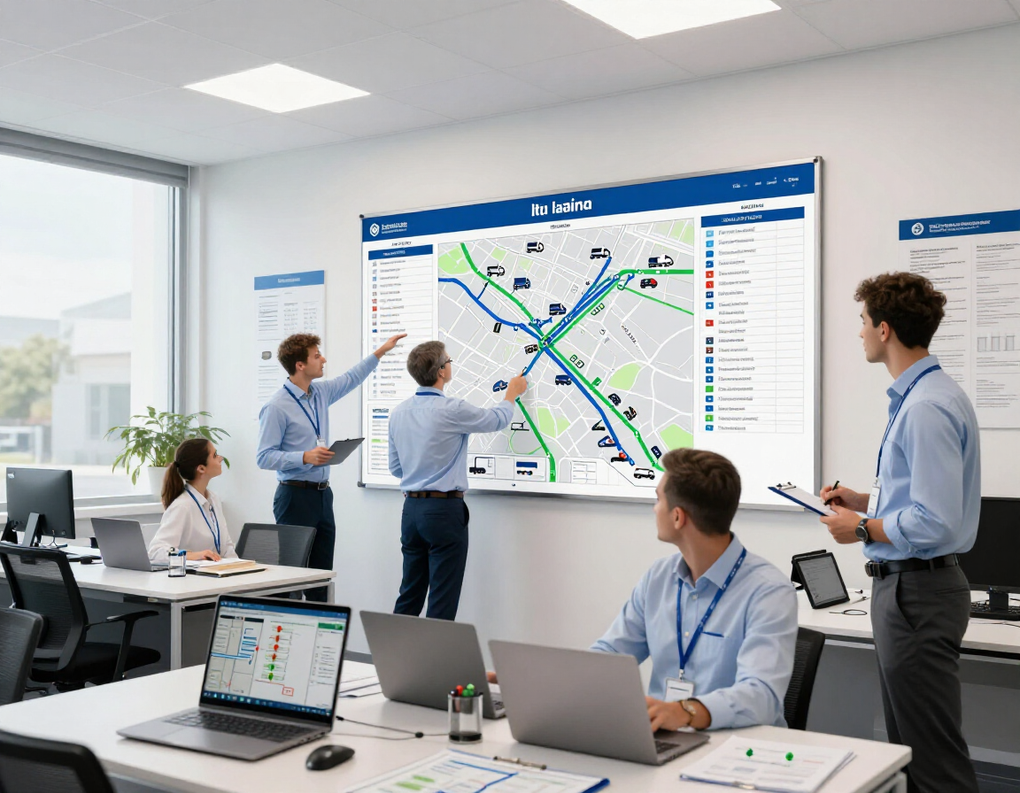 Riunione di team per analizzare una mappa logistica su un grande schermo a parete in un ufficio luminoso.