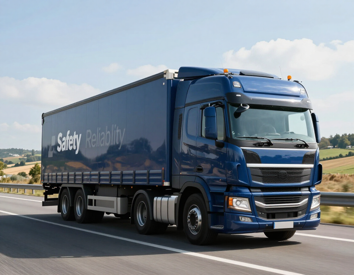Un camion della Blue Safely guida in autostrada sotto un cielo parzialmente nuvoloso.