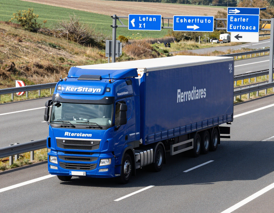 Un camion blu percorre un'autostrada passando accanto a dei segnali stradali sopraelevati.
