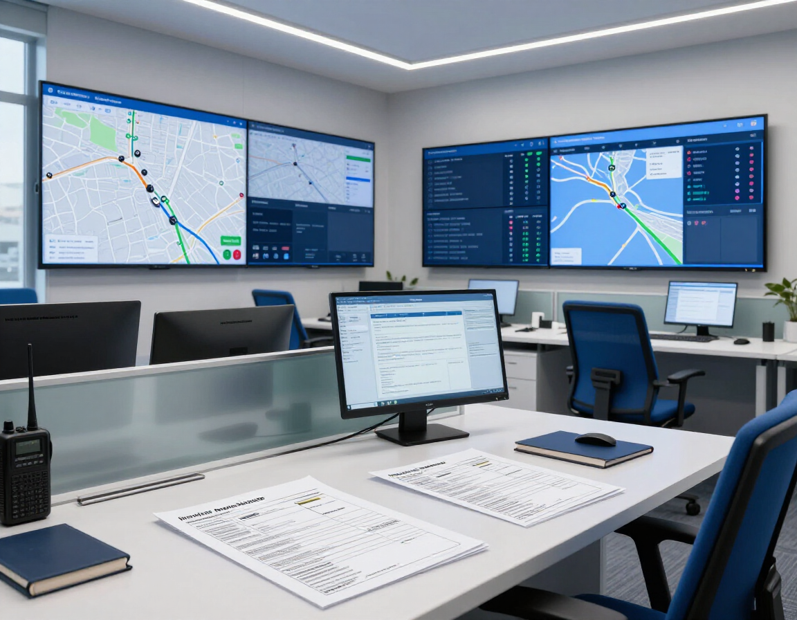 Sala di controllo moderna con monitor a parete che mostrano mappe, scrivanie e sedie da ufficio.
