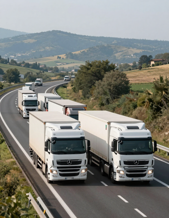 Due autoarticolati bianchi che viaggiano affiancati su un'autostrada con dolci colline sullo sfondo.