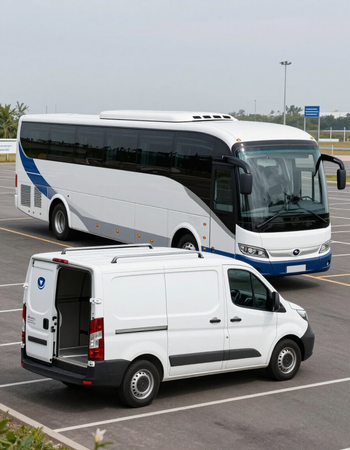 Autobus bianco e furgone bianco parcheggiati in un parcheggio all'aperto, visti da dietro e di lato.