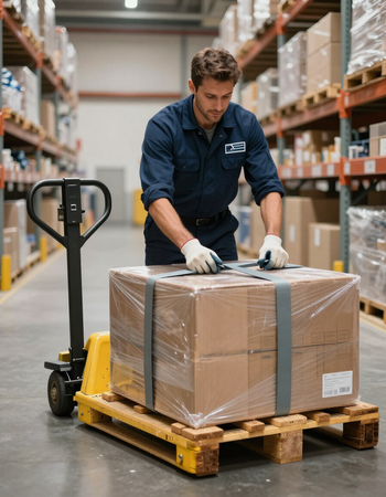 Un magazziniere fissa un pallet avvolto con un transpallet giallo in un corridoio.