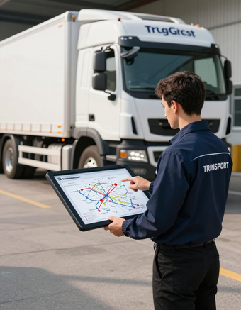 Un addetto alla logistica tiene in mano un tablet con la mappa del percorso accanto a un camion bianco in un piazzale.