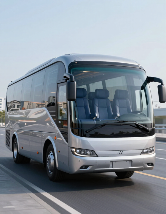 Autobus argentato che percorre una strada, vista frontale con finestrini oscurati e fari accesi.