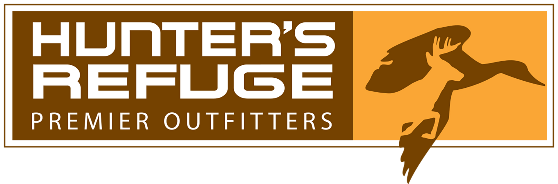 Hunter’s Refuge Premier Outfitters logo with flying bird silhouette on orange and brown background