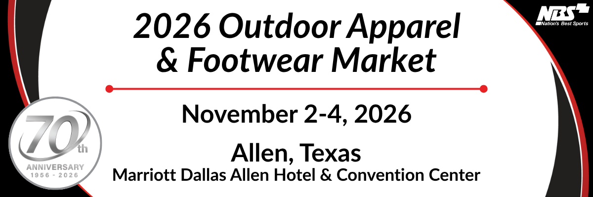 2026 Outdoor Apparel & Footwear Market banner with event dates, Dallas, Texas, at Marriott Dallas Allen Convention Center