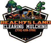 Logo for Beachy's Land Clearing & Mulching with heavy machinery, trees, and phone number (731) 439-3702 on a black shield.
