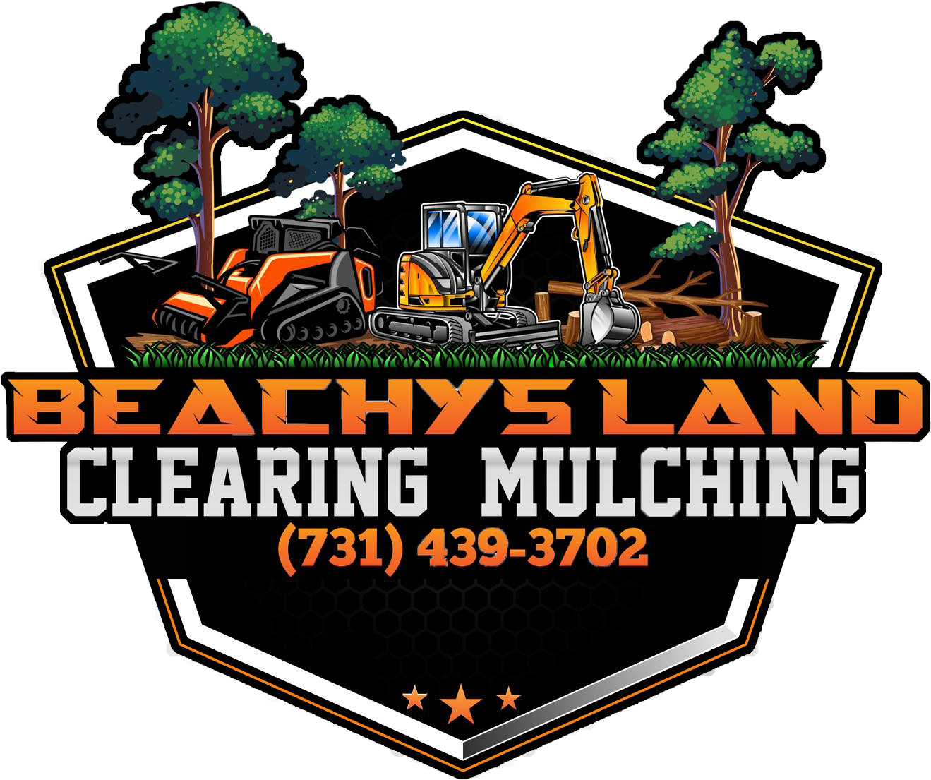 Logo for Beachy's Land Clearing & Mulching with heavy machinery, trees, and phone number (731) 439-3702 on a black shield.