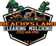 Logo for Beachy's Land Clearing & Mulching with heavy machinery, trees, and phone number (731) 439-3702 on a black shield.