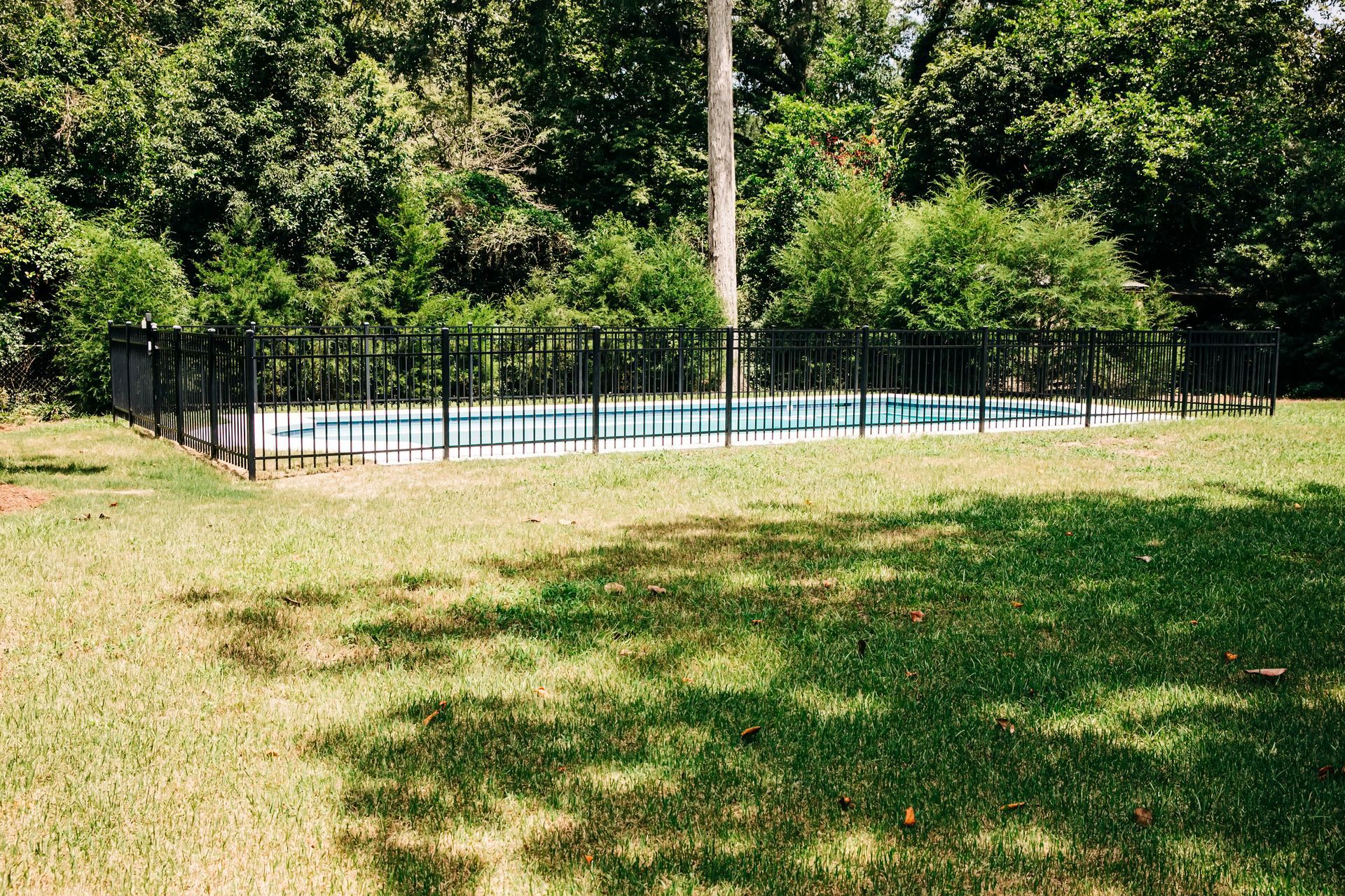 Black metal safety fence enclosing a backyard swimming pool surrounded by grass and trees.
