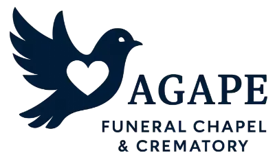 Dark blue dove logo with heart, &ldquo;AGAPE FUNERAL CHAPEL & CREMATORY&rdquo; text