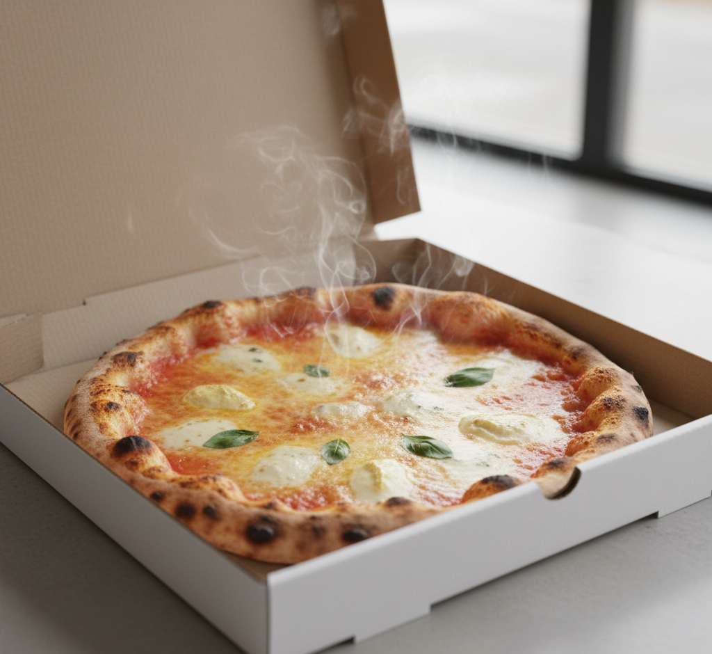 Pizza calda con mozzarella e basilico in una scatola di cartone, con vapore che sale.