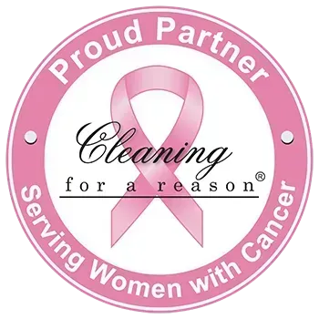 Pink “Cleaning for a Reason” ribbon logo with “Proud Partner” and “serving women with Cancer” text.