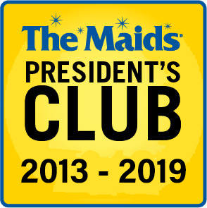 The Maids President’s Club award badge, yellow with blue border, labeled 2013-2019