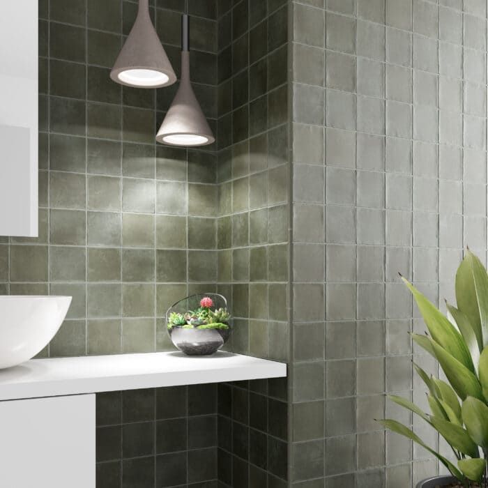 Argile Khaki tile grounds bathroom walls with modern, earthy color and depth