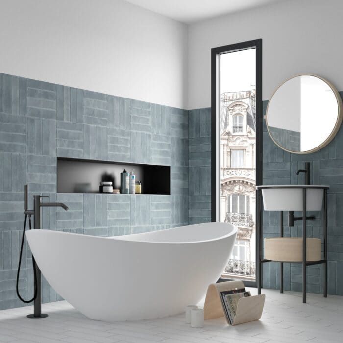 Argile Sky tile delivers fresh sky-blue tones for relaxing, spa-like bathroom walls