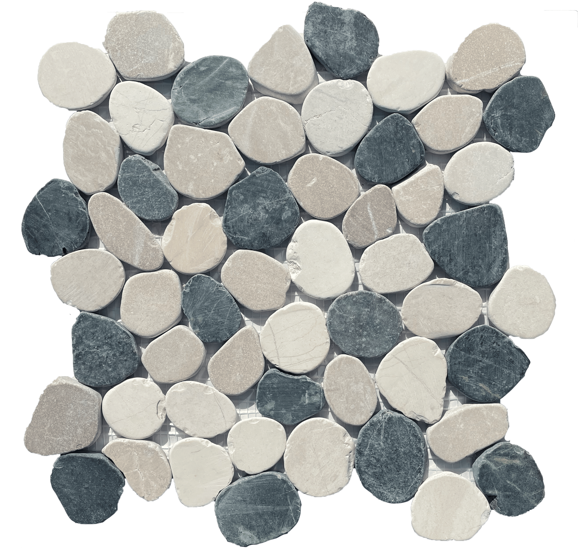 Corsica Flat Pebble mosaic tile with smooth natural stones in earthy tones, ideal for bathroom floors and walls.