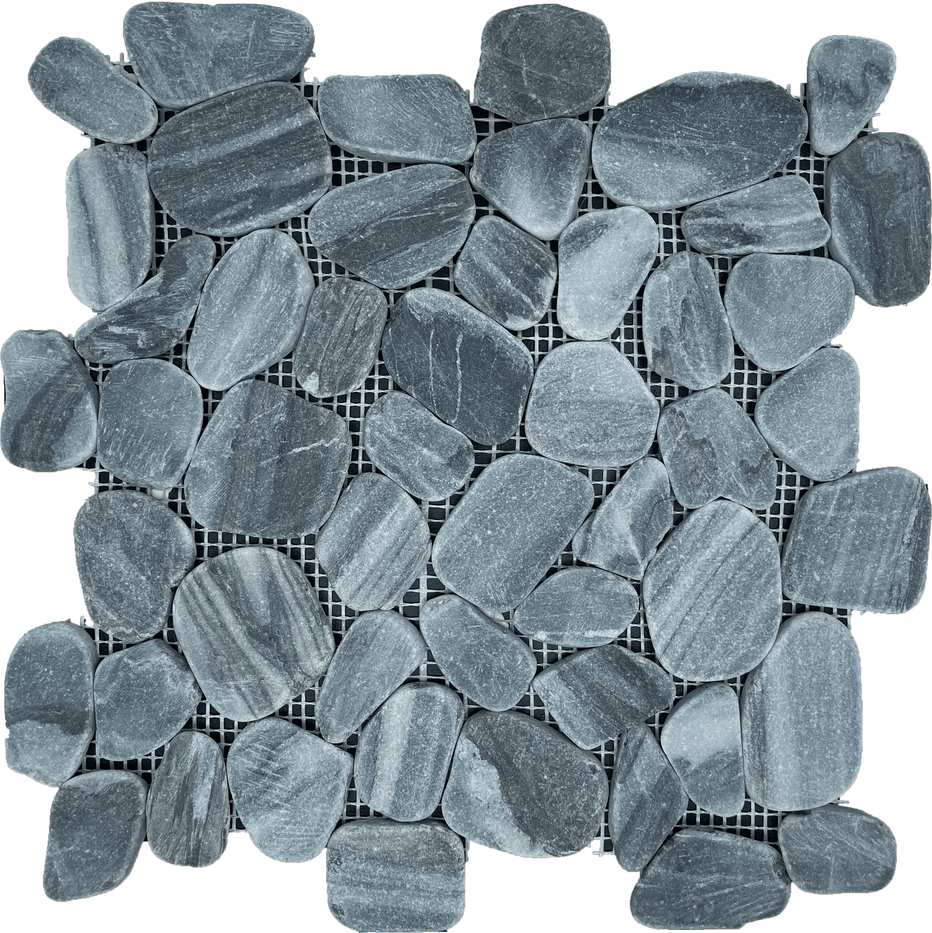Grey pebble mosaic tile with natural stone texture, ideal for spa-style shower floors.